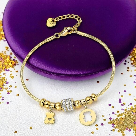 ποΈ18K Gold Plated Bear Charm Bracelet with Sparkling Rhinestones & Beads π«π» - Picture 9 of 13